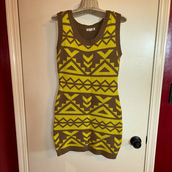 MINE Aztec Neon Yellow & Brown Sleeveless Sweater Dress - Picture 1 of 4